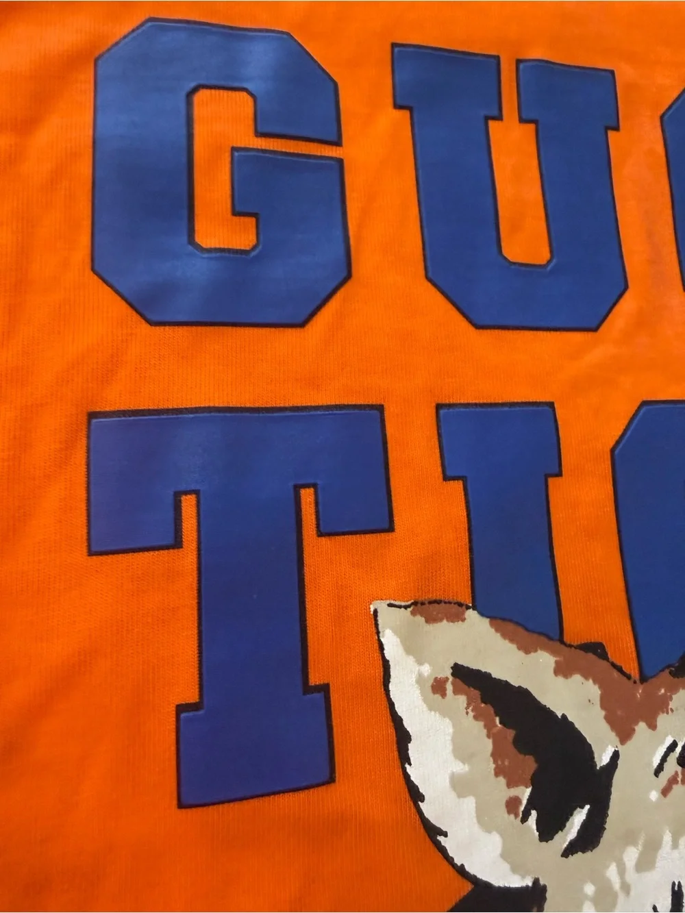 Gucci Orange Tee with Blue 'GUCCI TIGER' and Tiger Graphic